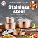 8 Pcs High Quality Triply Copper Cooking Pots and Pans Stainless Steel Cookware Set With Hammer Design