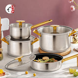 Hot Sell 8 Pcs Straight Shape Nonstick Cookware Set Stainless Steel Cooking Pot and Pan With Gold-Plated Handle