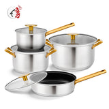 Hot Sell 8 Pcs Straight Shape Nonstick Cookware Set Stainless Steel Cooking Pot and Pan With Gold-Plated Handle