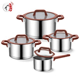 Customization 8Pcs Induction Bottom Kitchenware Stainless Steel Cookware Set with Colorful Silicone Handle and Lid