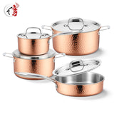 8 Pcs High Quality Triply Copper Cooking Pots and Pans Stainless Steel Cookware Set With Hammer Design